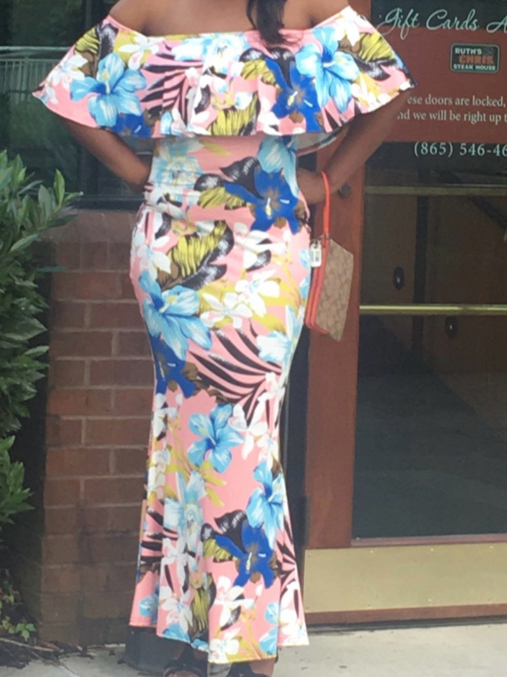 Pink Off-Shoulder Floral Maxi Dress with Blue Blooms